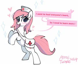 Size: 2048x1723 | Tagged: safe, artist:petaltwinkle, derpibooru import, nurse redheart, earth pony, pony, alternate hairstyle, bag, blushing, dialogue, female, heart, heart eyes, image, jpeg, looking at you, loose hair, mare, messenger bag, open mouth, open smile, rearing, signature, simple background, smiling, smiling at you, solo, speech bubble, white background, wingding eyes
