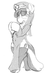 Size: 512x856 | Tagged: safe, artist:datte-before-dawn, ponerpics import, oc, oc:righty tighty, unofficial characters only, pony, unicorn, bipedal, clothes, eye clipping through hair, female, grayscale, habit, image, mare, monochrome, nun, png, socks, solo, stockings, thigh highs, total sideslit