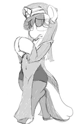 Size: 512x855 | Tagged: safe, artist:datte-before-dawn, ponerpics import, oc, oc:righty tighty, unofficial characters only, pony, unicorn, bipedal, body stocking, clothes, eye clipping through hair, female, grayscale, habit, image, mare, monochrome, nun, png, socks, solo, stockings, thigh highs, total sideslit