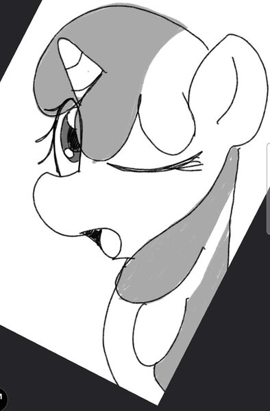Size: 1002x1524 | Tagged: safe, artist:datte-before-dawn, ponerpics import, oc, oc:righty tighty, unofficial characters only, pony, unicorn, bust, eye clipping through hair, female, grayscale, horn, image, jpeg, mare, monochrome, one eye closed, open mouth, portrait, solo, wink, winking at you