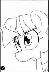 Size: 1080x1570 | Tagged: safe, artist:datte-before-dawn, ponerpics import, twilight sparkle, pony, unicorn, eye clipping through hair, female, horn, image, jpeg, mare, monochrome, open mouth, solo