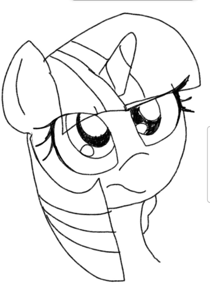 Size: 934x1295 | Tagged: safe, artist:datte-before-dawn, ponerpics import, twilight sparkle, pony, unicorn, bust, eye clipping through hair, female, horn, image, mare, monochrome, png, portrait, raised eyebrow, solo