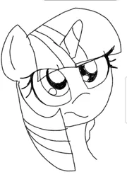 Size: 934x1295 | Tagged: safe, artist:datte-before-dawn, ponerpics import, twilight sparkle, pony, unicorn, bust, eye clipping through hair, female, horn, image, mare, monochrome, png, portrait, raised eyebrow, solo