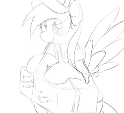 Size: 920x839 | Tagged: safe, artist:datte-before-dawn, ponerpics import, derpy hooves, pegasus, pony, clothes, female, hat, image, mare, monochrome, mouth hold, package, png, shirt, solo, spread wings, ted kaczynski, this will end in death, this will end in tears, this will end in tears and/or death, uniform, wings