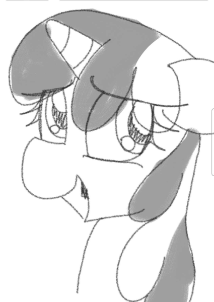 Size: 1080x1523 | Tagged: safe, artist:datte-before-dawn, ponerpics import, oc, oc:righty tighty, unofficial characters only, pony, unicorn, bust, eye clipping through hair, female, grayscale, horn, image, looking away, mare, monochrome, open smile, png, portrait, smiling, solo