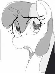 Size: 967x1311 | Tagged: safe, artist:datte-before-dawn, ponerpics import, oc, oc:righty tighty, unofficial characters only, pony, unicorn, eye clipping through hair, female, grayscale, horn, image, jpeg, looking at you, mare, monochrome, open mouth, solo