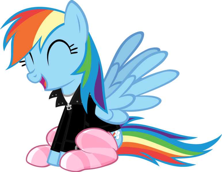 Size: 3858x3000 | Tagged: safe, artist:iamaveryrealperson, derpibooru import, edit, vector edit, rainbow dash, pegasus, pony, 2021, clothes, eyes closed, female, g4, happy, image, jacket, laughing, leather, leather jacket, mare, ms paint, pink socks, png, programming socks, simple background, sitting, smiling, socks, solo, spread wings, striped socks, thigh highs, transparent background, vector, white socks, wings