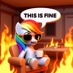 Size: 1024x1024 | Tagged: safe, ai content, derpibooru import, machine learning generated, prompter:pawels, rainbow dash, pony, chair, female, fire, g4, generator:bing image creator, image, jpeg, mare, meme, mug, open mouth, ponified meme, sitting, solo, speech bubble, sunglasses, table, this is fine