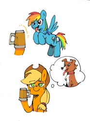 Size: 2406x3238 | Tagged: safe, artist:pipicangshuya32397, derpibooru import, applejack, rainbow dash, winona, dog, earth pony, pegasus, pony, alcohol, beer, image, open mouth, open smile, png, smiling, thinking