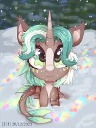 Size: 1620x2160 | Tagged: safe, artist:jjsh, derpibooru import, oc, unofficial characters only, pony, unicorn, cute, cute face, ear fluff, female, fish tail, fluffy, forest, garland, high res, horn, image, looking at you, looking up, mare, multicolored hair, multicolored mane, nature, png, sitting, smiling, smiling at you, snow, snowfall, solo, tail, tree, winter
