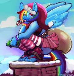 Size: 1080x1112 | Tagged: safe, artist:talvitwister, derpibooru import, rainbow dash, anthro, pegasus, plantigrade anthro, belt, blushing, candy, candy cane, chimney, christmas, clothes, eyeshadow, food, hat, high heels, holiday, image, jpeg, lidded eyes, makeup, mouth hold, sack, sandals, santa hat, santa sack, shoes, skirt, smiling, solo, spread wings, squatting, striped stockings, wings