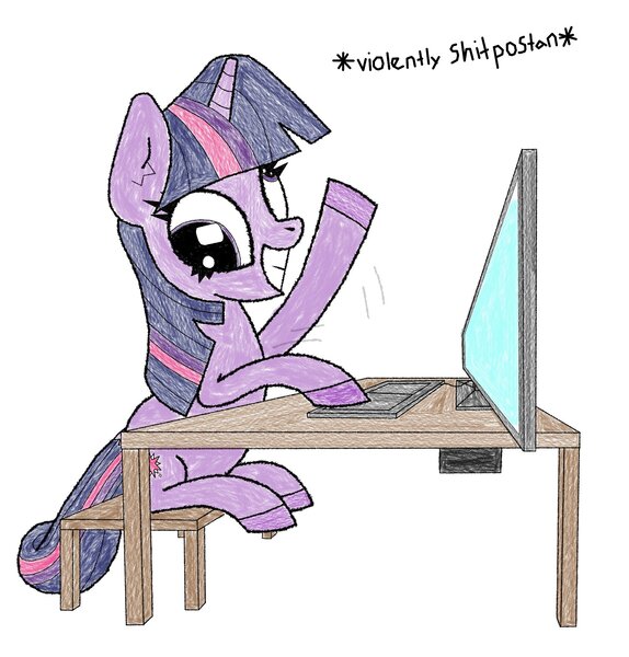 Size: 2017x2108 | Tagged: safe, artist:scandianon, derpibooru import, twilight sparkle, pony, unicorn, computer, derp, desk, female, image, jpeg, mare, simple background, smiling, unicorn twilight, white background