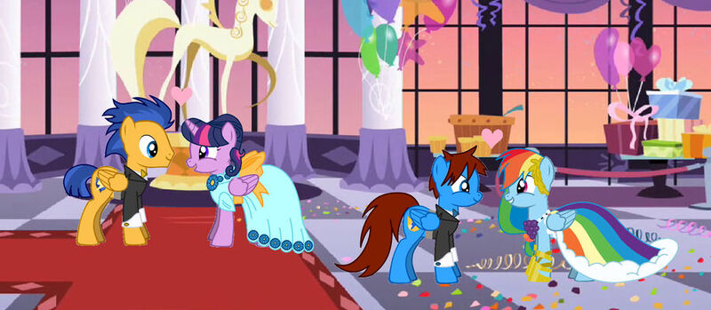 Size: 900x393 | Tagged: safe, artist:guardiansoulmlp, derpibooru import, flash sentry, rainbow dash, twilight sparkle, twilight sparkle (alicorn), oc, oc:guardian soul, alicorn, clothes, double date, dress, gala dress, grand galloping gala, image, jpeg