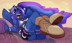 Size: 1280x777 | Tagged: suggestive, alternate version, artist:talvitwister, derpibooru import, princess luna, alicorn, anthro, plantigrade anthro, alternate hairstyle, belt, boots, breasts, butt, clothes, crown, ear piercing, earring, eyes closed, image, jewelry, jpeg, laughing, makeup, moonbutt, one eye closed, open mouth, open smile, peytral, piercing, pillow, ponytail, regalia, running makeup, sheet grab, shoes, smiling, tongue out