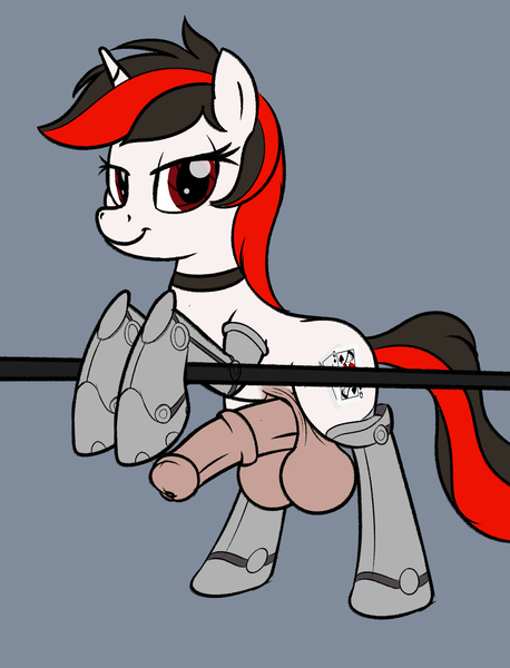 Size: 1479x1939 | Tagged: explicit, artist:trash anon, oc, oc:blackjack, unofficial characters only, cyber pony, cyborg, pony, unicorn, fallout equestria, fallout equestria: project horizons, balls, big balls, big penis, cutie mark, fanfic art, fifth leg, futa, huge balls, huge penis, image, impossibly large penis, intersex, penis, png, presenting, simple background, solo