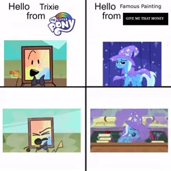 Size: 680x680 | Tagged: safe, derpibooru import, screencap, trixie, pony, unicorn, a horse shoe-in, boast busters, season 1, season 9, spoiler:s09, cape, clothes, coughing, famous painting, famous painting (gmtm), female, g4, genderfluid, give me that money, hat, image, jpeg, male, mare, smoke, trixie's cape, trixie's hat