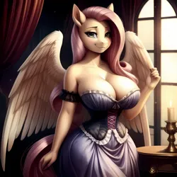 Size: 3072x3072 | Tagged: suggestive, ai content, derpibooru import, machine learning generated, fluttershy, anthro, pegasus, adorasexy, bare shoulders, beautiful, beautisexy, big breasts, breasts, busty fluttershy, candle, cleavage, clothes, corset, curtains, cute, female, image, looking at you, png, sexy, sleeveless, smiling, smiling at you, solo, solo female, stupid sexy fluttershy, sunlight, table, victorian, window