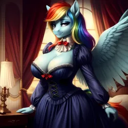 Size: 3072x3072 | Tagged: suggestive, ai content, derpibooru import, machine learning generated, rainbow dash, anthro, pegasus, adorasexy, beautiful, beautisexy, big breasts, bow, bowtie, breasts, busty rainbow dash, cleavage, clothes, corset, curtains, curvy, cute, dashabetes, dress, hourglass figure, image, lamp, long sleeves, looking at you, mirror, png, sexy, side view, slender, smiling, smiling at you, solo, stupid sexy rainbow dash, thin, victorian, window