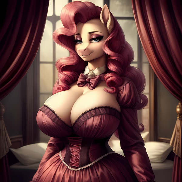 Size: 3072x3072 | Tagged: suggestive, ai content, derpibooru import, machine learning generated, pinkie pie, anthro, earth pony, adorasexy, beautiful, beautisexy, bedroom eyes, big breasts, bow, bowtie, breasts, bust, busty pinkie pie, cleavage, clothes, collar, corset, curvy, cute, diapinkes, eyeshadow, hourglass figure, image, long sleeves, looking at you, makeup, pillow, png, portrait, sexy, slender, smiling, smiling at you, solo, stupid sexy pinkie, thin, victorian, window