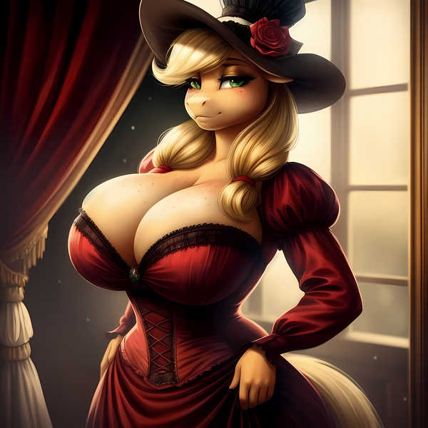 Size: 3072x3072 | Tagged: suggestive, ai content, derpibooru import, machine learning generated, applejack, anthro, earth pony, adorasexy, alternate hairstyle, applebetes, beautiful, beautisexy, big breasts, bonnet, breasts, busty applejack, cleavage, clothes, curtains, curvy, cute, female, hat, hourglass figure, image, jackabetes, long sleeves, looking at you, png, sexy, slender, smiling, smiling at you, solo, solo female, stupid sexy applejack, sunlight, sunshine, thin, victorian, window