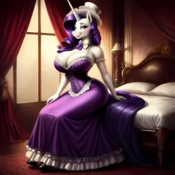 Size: 3072x3072 | Tagged: suggestive, ai content, derpibooru import, machine learning generated, rarity, anthro, unicorn, adorasexy, bare shoulders, beautiful, beautisexy, bed, bedroom, bedroom eyes, big breasts, bonnet, bow, bowtie, breasts, busty rarity, cleavage, clothes, corset, curtains, curvy, cute, dress, eyeshadow, hat, hourglass figure, image, long skirt, looking at you, makeup, on bed, pillow, png, raribetes, sexy, shoes, sitting, sitting on bed, skirt, sleeveless, slender, smiling, smiling at you, solo, stupid sexy rarity, thin, victorian, window