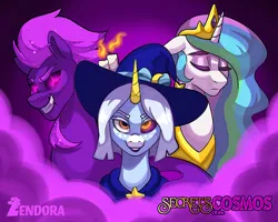 Size: 2048x1638 | Tagged: safe, artist:zendora, princess celestia, oc, oc:maho silvermoon, oc:nocturne comet, alicorn, classical unicorn, earth pony, pony, unicorn, abstract background, beard, candle, cape, clothes, cloven hooves, crown, earth pony oc, ethereal mane, evil grin, eyebrows, eyes closed, facial hair, facial scar, freckles, frown, grin, hat, horn, image, jewelry, leonine tail, looking at you, mist, png, purple sclera, regalia, sad, secrets of the cosmos, smiling, smiling at you, starry mane, unicorn oc, unshorn fetlocks, wizard hat