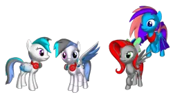 Size: 666x375 | Tagged: safe, artist:snowy starshine, derpibooru import, oc, oc:frost night, oc:red, oc:red virus, oc:snowy starmech, oc:snowy starshine, bat pony, pegasus, pony, bow, clothes, flying, headphones, image, mech, png, scarf, spread wings, wings
