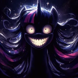 Size: 1024x1024 | Tagged: safe, ai content, derpibooru import, machine learning generated, prompter:enterusxrname, twilight sparkle, crazy eyes, crazy face, dark, evil, faic, g4, generator:bing image creator, generator:dall-e 3, image, insanity, jpeg, long hair, nightmare fuel, solo, teeth, twilight snapple