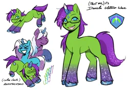 Size: 4132x2919 | Tagged: safe, artist:daisy_marshmallow, derpibooru import, oc, oc:daniela glitter wave, pony, g5, auroricorn, auroricorn oc, comet (g5), female, glasses, high res, image, png, reference sheet, sharp teeth, simple background, solo, teeth, text, violet frost, white background