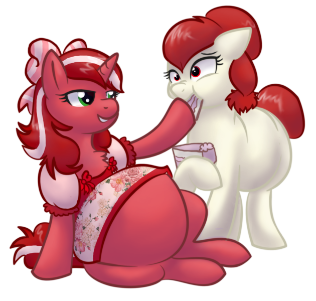 Size: 1280x1219 | Tagged: safe, artist:redintravenous, derpibooru import, oc, oc:red ribbon, unofficial characters only, earth pony, pony, unicorn, abdominal bulge, ask red ribbon, bow, fat, female, force feeding, hair bow, image, mare, obese, png