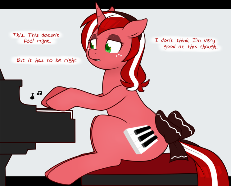 Size: 1200x968 | Tagged: safe, artist:redintravenous, derpibooru import, oc, oc:red ribbon, pony, unicorn, alternate cutie mark, ask red ribbon, bow, female, image, mare, musical instrument, piano, png, solo, tail, tail bow