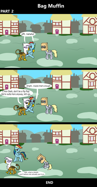 Size: 1920x3688 | Tagged: safe, artist:platinumdrop, derpibooru import, derpy hooves, gilda, rainbow dash, gryphon, pegasus, pony, comic:bag muffin, 3 panel comic, abuse, bag, ball, blank flank, building, bully, bullying, chickub, closed mouth, comic, commission, crying, cute, derpybuse, dialogue, embarrassed, female, filly, filly derpy, filly rainbow dash, foal, folded wings, g4, grass, hoof pointing, house, humiliation, image, insult, it's just a prank bro, laughing, laughingmares.jpg, li'l gilda, mask, mocking, open mouth, outdoors, paper bag, png, ponyville, sad, sadorable, sitting, smiling, smug, smug smile, speech bubble, talking, tears of sadness, town, trio, trio female, walking, wings, wings down, younger