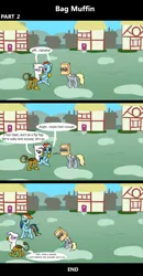 Size: 1920x3688 | Tagged: safe, artist:platinumdrop, derpibooru import, derpy hooves, gilda, rainbow dash, gryphon, pegasus, pony, comic:bag muffin, 3 panel comic, abuse, bag, ball, blank flank, building, bully, bullying, chickub, closed mouth, comic, commission, crying, cute, derpybuse, dialogue, embarrassed, female, filly, filly derpy, filly rainbow dash, foal, folded wings, g4, grass, hoof pointing, house, humiliation, image, insult, it's just a prank bro, laughing, laughingmares.jpg, li'l gilda, mask, mocking, open mouth, outdoors, paper bag, png, ponyville, sad, sadorable, sitting, smiling, smug, smug smile, speech bubble, talking, tears of sadness, town, trio, trio female, walking, wings, wings down, younger
