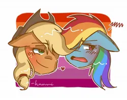 Size: 1256x987 | Tagged: safe, artist:its.hxnnxh_, derpibooru import, applejack, rainbow dash, appledash, applejack's hat, blushing, cowboy hat, female, floppy ears, freckles, hat, head only, heart, image, jpeg, lesbian, lesbian pride flag, pride, pride flag, shipping, signature, simple background, tsunderainbow, tsundere, white background