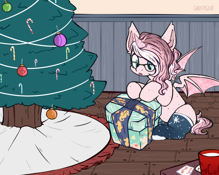 Size: 1280x1024 | Tagged: safe, artist:ghostyglue, derpibooru import, oc, oc:marshmallow swirl, bat pony, pony, bat pony oc, bat wings, candy, candy cane, christmas, christmas tree, clothes, commission, crystal horn, female, food, glasses, holiday, horn, image, mare, pink fur, pink mane, png, present, socks, solo, tree, wings, ych result