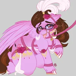 Size: 2800x2800 | Tagged: suggestive, artist:bananasplitedy, derpibooru import, oc, oc:ivy rose, pegasus, pony, bdsm, blushing, clothes, collar, female, flower, glasses, harness, image, jewelry, leash, makeup, pegasus oc, png, sketch, solo, solo female, tack, tongue out, wings