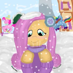 Size: 1280x1280 | Tagged: safe, artist:mssonny, derpibooru import, fluttershy, pinkie pie, rainbow dash, earth pony, pegasus, pony, image, jpeg, snow, snowfall, snowflake, winter