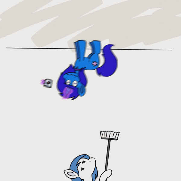 Size: 1674x1674 | Tagged: safe, artist:dyonys, derpibooru import, oc, oc:delly, oc:graceful motion, unofficial characters only, pegasus, pony, unicorn, animated, broom, coffee, coffee mug, female, gif, hyperactive, image, looking up, mare, mug