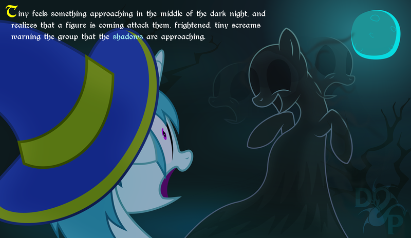 Size: 2208x1280 | Tagged: safe, artist:isaac_pony, derpibooru import, oc, oc:tiny sapphirus, pony, shadow pony, unicorn, dungeons and dragons, fantasy, fantasy class, fear, femboy, fog, hat, horn, image, logo, mage, male, moon, narration, night, pen and paper rpg, png, rpg, sad, shadow, show accurate, smiling, text, tree, vector, wizard, wizard hat