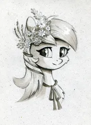 Size: 732x1000 | Tagged: safe, artist:maytee, derpibooru import, roseluck, earth pony, pony, bust, flower, flower in hair, grayscale, image, jpeg, monochrome, portrait, solo, traditional art