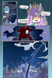 Size: 960x1440 | Tagged: safe, artist:cold-blooded-twilight, derpibooru import, nightmare moon, princess celestia, princess luna, comic:cold storm, blood, comic, dialogue, glow, glowing eyes, image, png, smiling, speech bubble