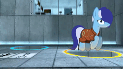 Size: 800x450 | Tagged: artist needed, source needed, safe, ponerpics import, minuette, pony, unicorn, animated, aperture science, clothes, female, image, looking at you, portal, portal (valve), solo, webm