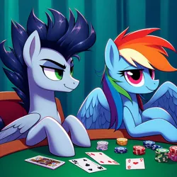 Size: 1024x1024 | Tagged: safe, ai content, derpibooru import, machine learning generated, prompter:*rainbow dash*, rainbow dash, soarin', female, folded wings, g4, generator:bing image creator, generator:dall-e 3, image, jpeg, male, poker, shipping, smiling, smug, soarindash, spread wings, straight, wings