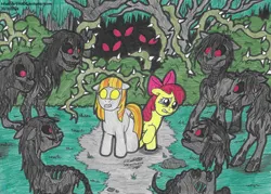 Size: 6068x4352 | Tagged: semi-grimdark, artist:artistnjc, derpibooru import, apple bloom, oc, oc:ruby (story of the blanks), earth pony, ghost, ghost pony, pony, skeleton pony, undead, story of the blanks, bone, colored, crying, everfree forest, eyes in the dark, fan game, fangs, female, filly, foal, horror, image, png, red eyes, ribcage, scared, skeleton, surrounded, thorn, torn skin, traditional art, trapped, yellow eyes