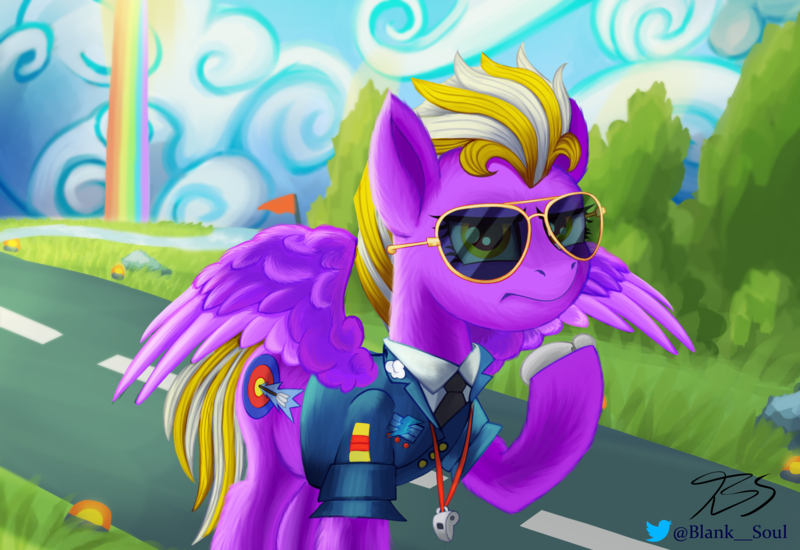 Size: 3000x2061 | Tagged: safe, alternate version, artist:blankedsoul, derpibooru import, oc, oc:electric arrow, pegasus, pony, wonderbolts academy, aviator sunglasses, clothes, commission, image, png, spread wings, sunglasses, uniform, wings, wonderbolt trainee uniform, wonderbolts uniform