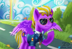 Size: 3000x2061 | Tagged: safe, alternate version, artist:blankedsoul, derpibooru import, oc, oc:electric arrow, pegasus, pony, wonderbolts academy, aviator sunglasses, clothes, commission, image, png, spread wings, sunglasses, uniform, wings, wonderbolt trainee uniform, wonderbolts uniform