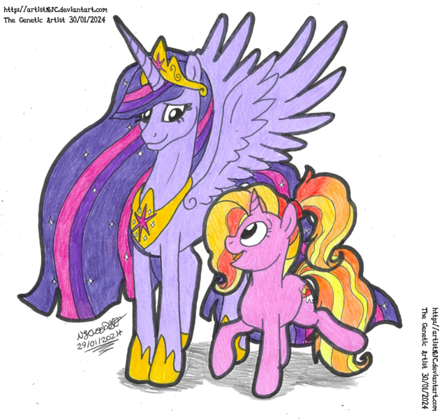 Size: 4834x4562 | Tagged: safe, artist:artistnjc, derpibooru import, luster dawn, twilight sparkle, twilight sparkle (alicorn), alicorn, unicorn, friendship is magic, the last problem, colored, crown, flowing mane, g4, height difference, image, jewelry, large wings, looking at each other, looking at someone, physique difference, png, raised hoof, raised leg, regalia, simple background, slender, smiling, smiling at each other, spread wings, standing on two hooves, sternocleidomastoid, tall, teacher and student, thin, traditional art, wings