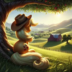 Size: 1024x1024 | Tagged: prompter needed, safe, ai content, derpibooru import, machine learning generated, applejack, earth pony, pony, apple, apple tree, applejack's hat, barn, building, butt, cowboy hat, female, fence, food, g4, generator:dall-e 3, grass, hat, hill, image, jpeg, looking in the distance, mare, mountain, mountain range, outdoors, plot, rear view, scenery, sky, solo, tree