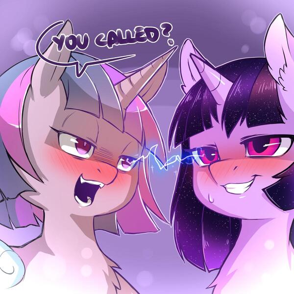 Size: 1200x1200 | Tagged: source needed, safe, artist:cold-blooded-twilight, oc, alicorn, pony, cold blooded twilight, descended twilight, bedroom eyes, blushing, chest fluff, ear fluff, ethereal mane, fangs, gradient background, image, jpeg, lightning, looking at each other, multeity, self paradox, starry mane, sweat