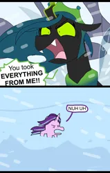 Size: 3231x5083 | Tagged: safe, artist:sketchyboi25, derpibooru import, queen chrysalis, starlight glimmer, the ending of the end, angry, flowing mane, flowing tail, image, jpeg, mountain, smol, snow, tail